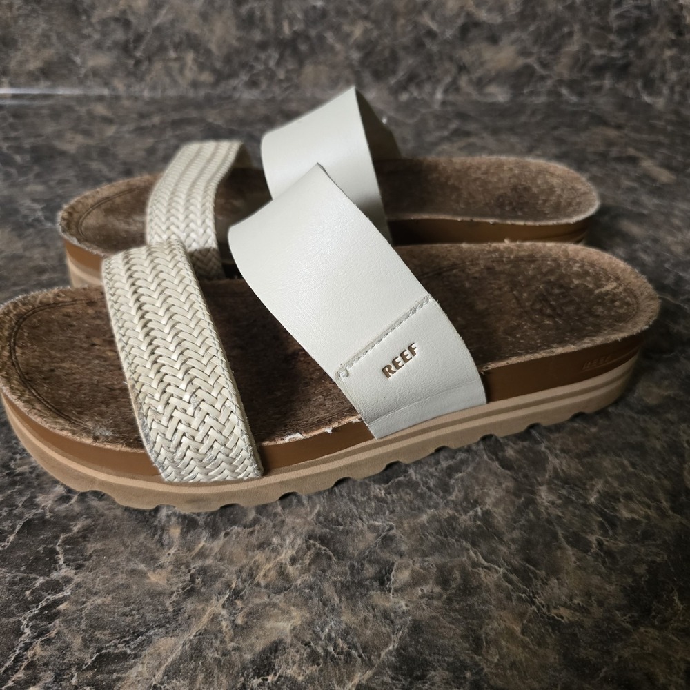 Reef Beige Braided Slide Sandals Cork Footbed Wedge Comfort US 10